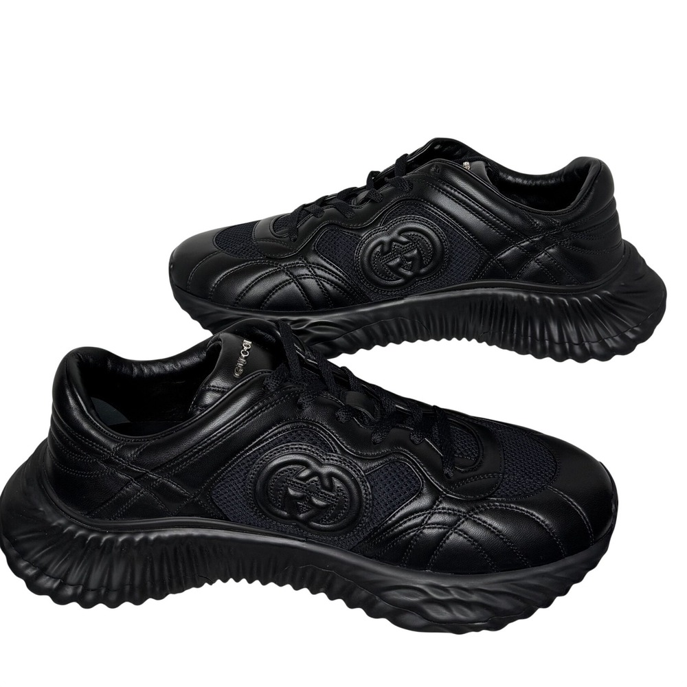 Gucci Ripple Sneakers Mens 12 Black Leather Mesh Platform Chunky Logo 771471 NEW